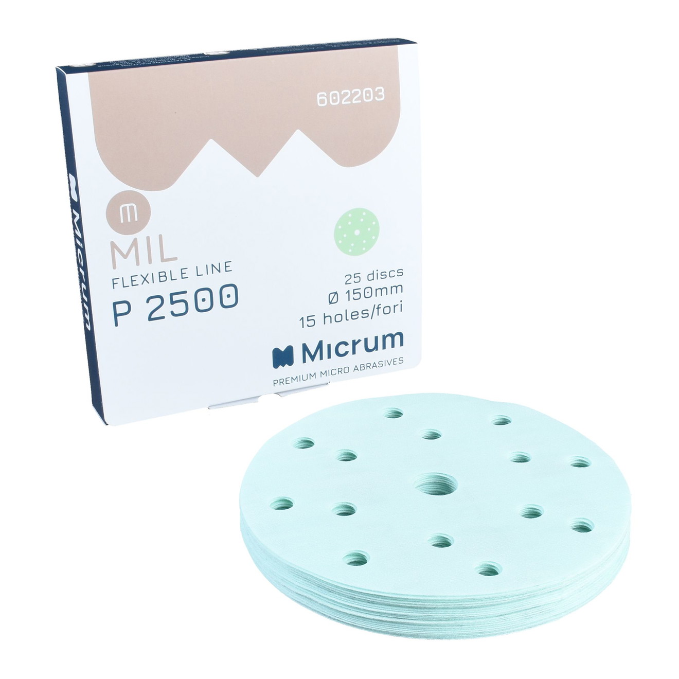 MICRUM Mil Trockenschleifscheibe 150mm 15 Löcher P2500 25 Stück MICRUM Mil Dry Sanding Disc 150mm 15 Holes P2500 25 Pieces