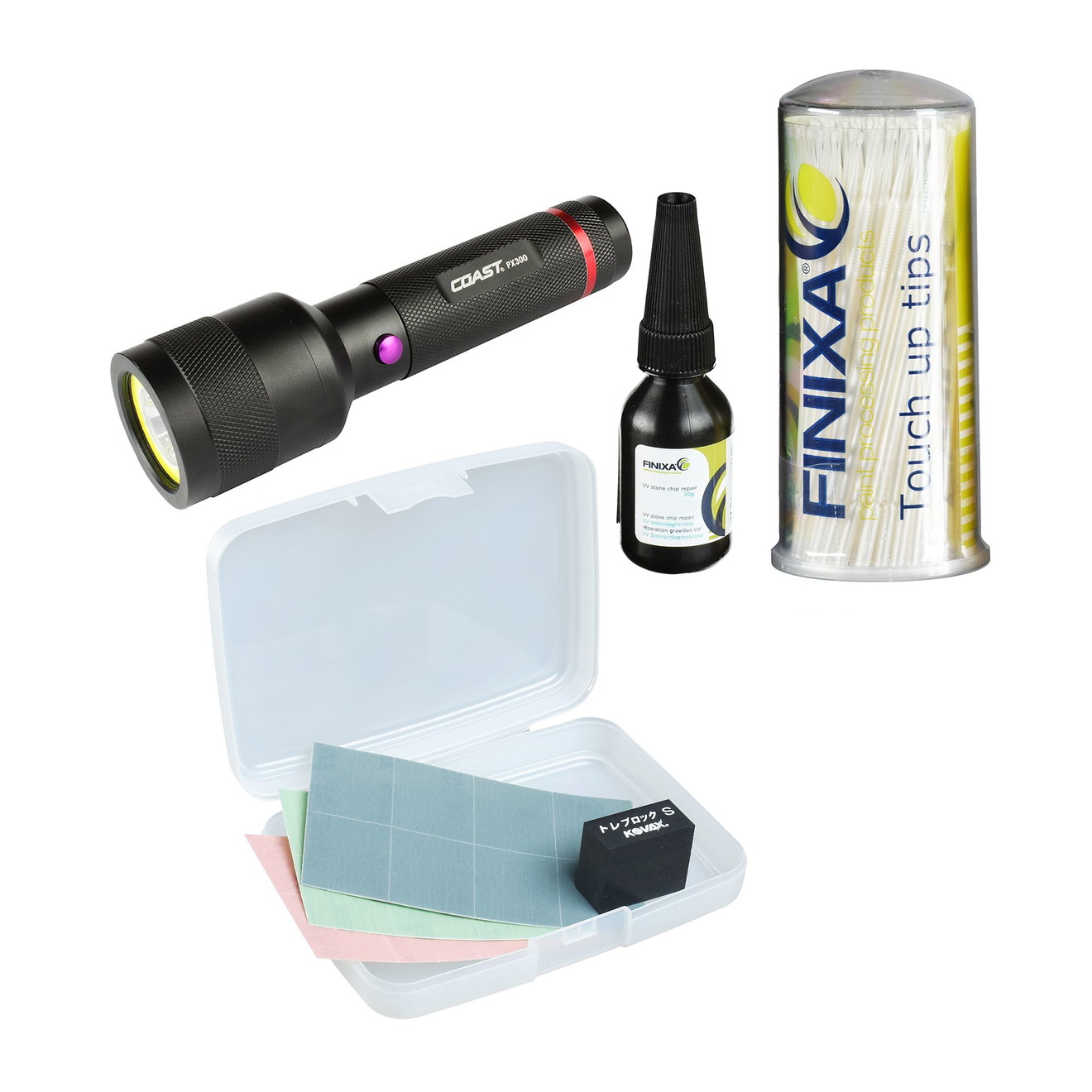 Professionelles Kratzer-Reparatur Set mit Klarlack, UV-Lampe, Schleifmedien Professionelles Kratzer-Reparatur Set mit Klarlack, UV-Lampe, Schleifmedien