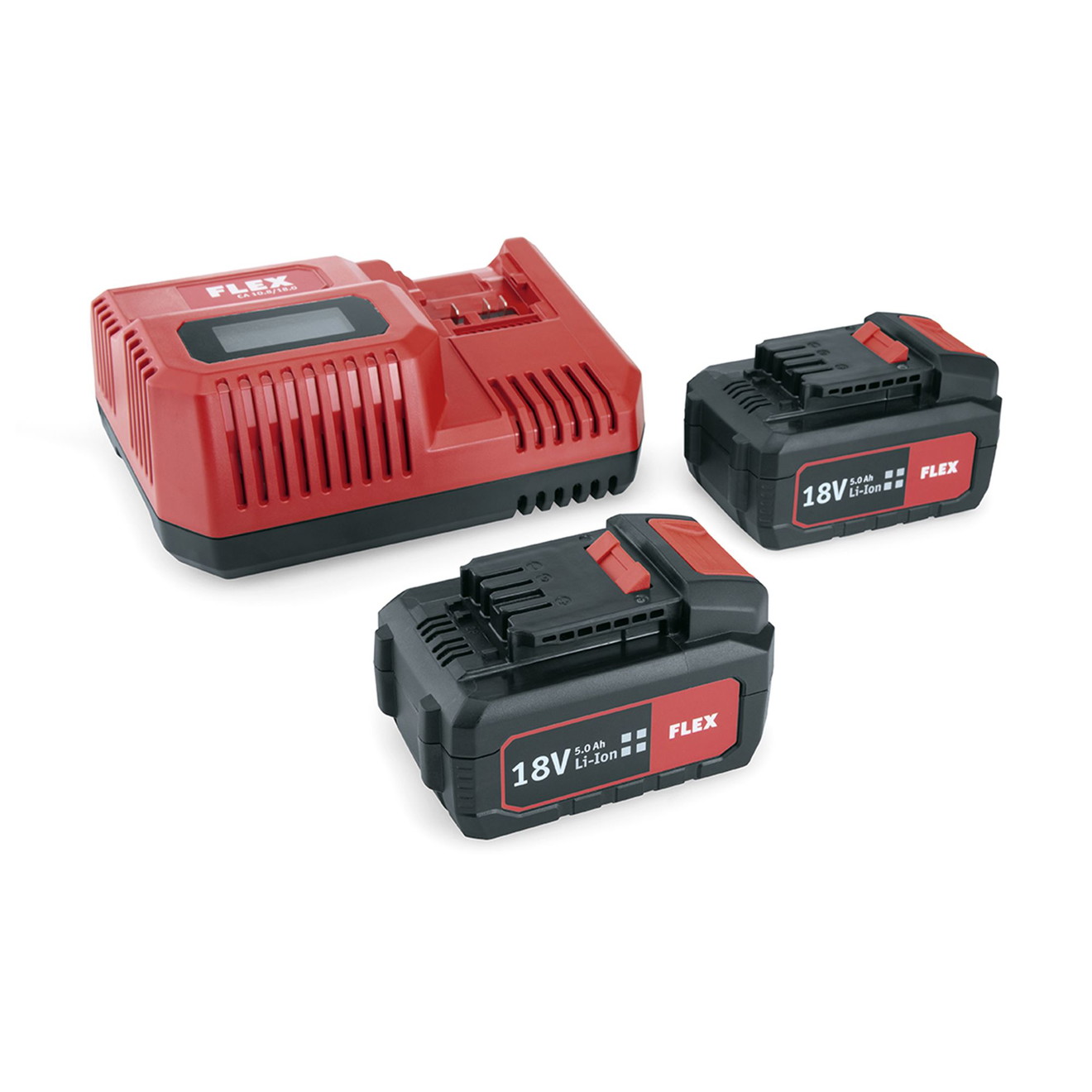 Flex Akku Set 55 R Schnell-Ladegerät 10.8/18.0 Volt + 2 x Akkus 5,0 Ah 18,0 V Flex Battery Set 55 R Rapid Charger 10.8/18.0 Volt + 2 x Batteries 5.0 Ah 18.0 V