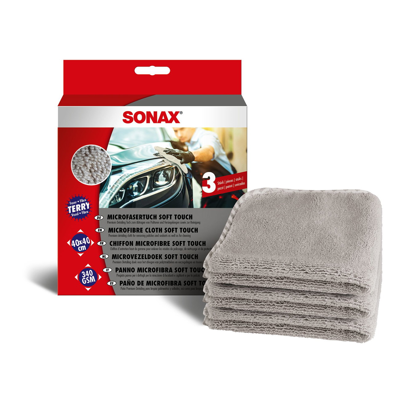 SONAX MicrofaserTuch soft touch 3er Set SONAX 3-członowy zestaw miękkich ręczników z mikrofibry